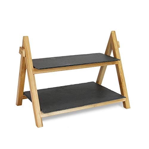 Image of 2 Tier Slate Cake Stand - Rustic Tiered Serving Platter for Afternoon Tea, Wood/Slate Foldable Food Display Stand - Serve Desserts, Sushi, Appetisers, Cheese, Tapas, Meats | M&W