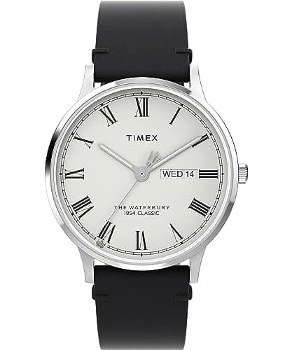 Image of Timex Men's Waterbury 40 mm Watch - Black Leather Two-Piece Quick Release Strap White Dial Stainless Steel Case TW2W15000