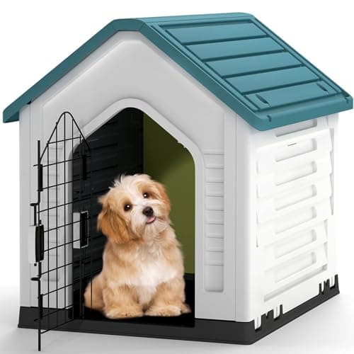 Image of GYMAX Plastic Dog House, Indoor Outdoor Dog Kennel with Metal Lockable Door, Air Vents & Sloping Roof, Puppy Shelter for Small Medium Cats Rabbits Puppies (Blue+White)
