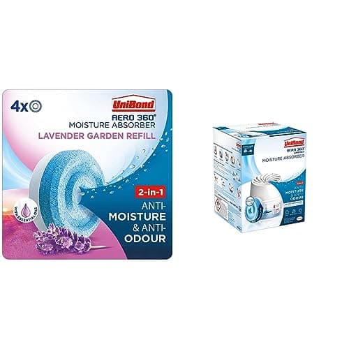 Image of UniBond AERO 360° Moisture Absorber Lavender Garden Refill Tab, aromatherapy, ultra-absorbent and odour-neutralising (4 x 450g),UniBond AERO 360 Compact Moisture Absorber Ultra-Absorbent Dehumidifier