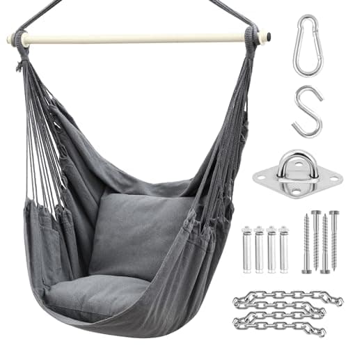 Image of Swing Chair with Hardware Kit: Ohuhu XL Portable Hanging Chairs with 2 Cushions Detachable Metal Support Bar Side Pocket for Indoor, Hammock Chair for Patio Bedrooms Teen Girls Room Decor, Gray