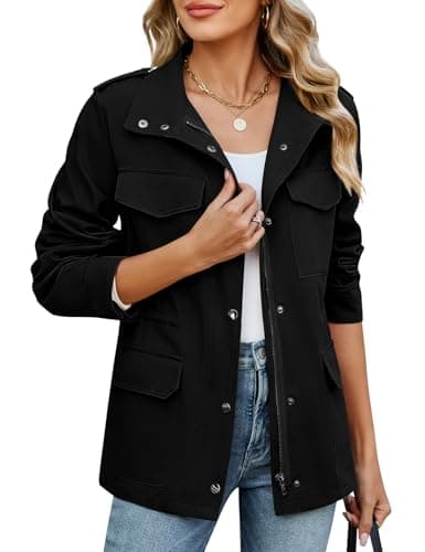 Image of Tuopuda Womens Jacket Cotton Military Jackets Ladies Lightweight Coats Casual Stand Up Collar Parka with Multiple Pockets for Spring Summer Autumn(Black,XXL)