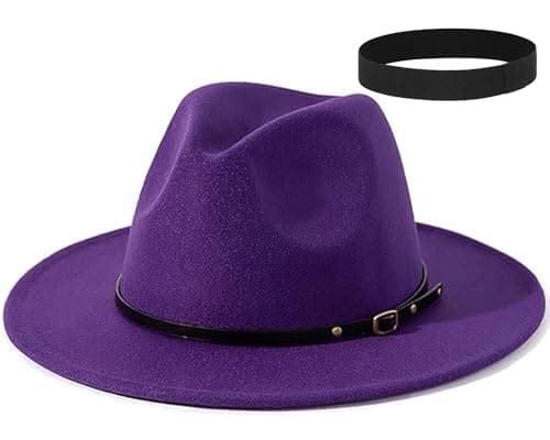 Image of EOZY Wool Fedora Hats for Men Women Felt Panama Trilby Cap Wide Brim Jazz Hat for Beach Party Church Purple