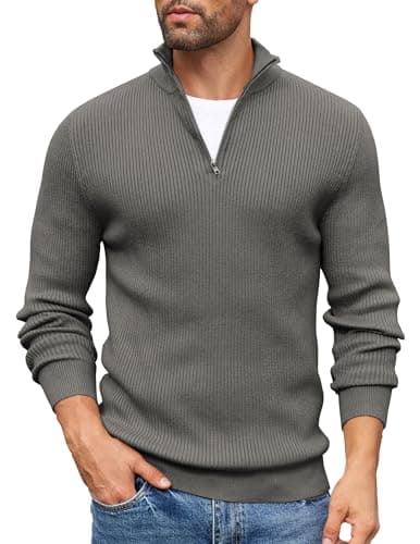 Image of COOFANDY Sweater Men Quarter Zip Jumper 1/4 Zip Turtleneck Sweater Long Sleeve Warm Winter Jumper Polo Neck Jumpers Mock Neck Pullover Dark Gray XL