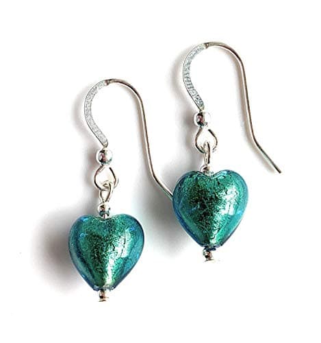 Image of Earrings with sea green (jade, teal) Murano glass mini heart drops on Sterling Silver or 22 Carat gold vermeil hooks