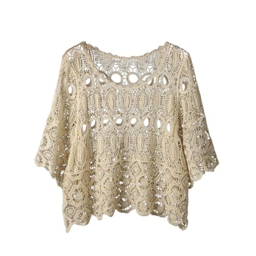 Image of Generic Loose Crochet Cover-Up for Women, Lightweight Short-Sleeve Lace Top, Beach Boho Knit Blouse for Summer, Spring, Casual Outing Sweater Dress with Belt, beige, One size