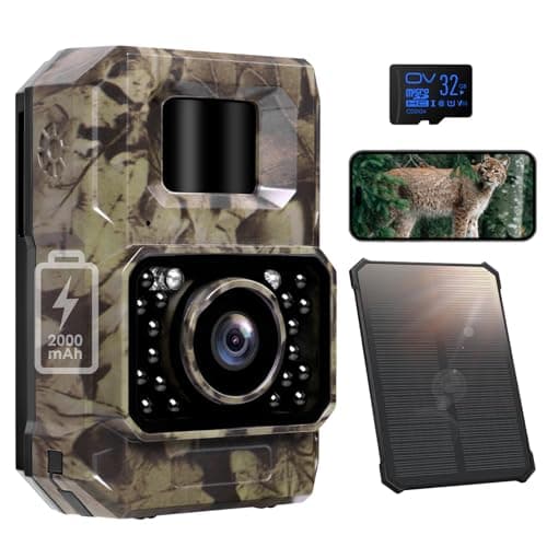 Image of MAXDONE Solar Wildlife Camera 4K 64MP WiFi Bluetooth Trail Camera with Night Vision, Built-in Rechargeable Battery, IP66 Waterproof Garden Camera, 0.1s Trigger, Includes 32GB SD Card