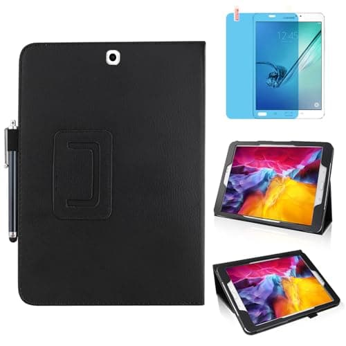 Image of Slim Leather Case for Samsung Galaxy Tab S2 9.7 Inch 2015 (SM-T810 T813 T815 T817 T819), Multi-Angle Stand Full-Protective Tablet Cover Book Case with Stylus Pen,Screen Film (Black)