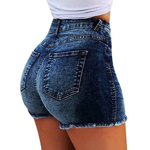 Image of Tassel Denim Shorts for Women Butt Lifting High Waisted Frayed Raw Hem Distressed Boyfriend Jean Shorts Skinny Stretchy Bodycon Denim Jean Shorts 2024 Trendy Casual Summer Beach Hot Short with Pocket