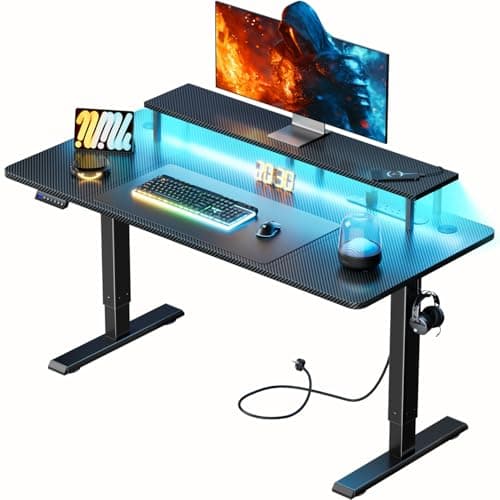 Image of DLONGONE Electric Standing Desk 160 x 60 cm, Gaming Computer Desk with LED Lights & Power Outlets, Height Adjustable Sit Stand Desk with 3 Memory Smart Pannel & Monitor Stand, Carbon Fiber Black