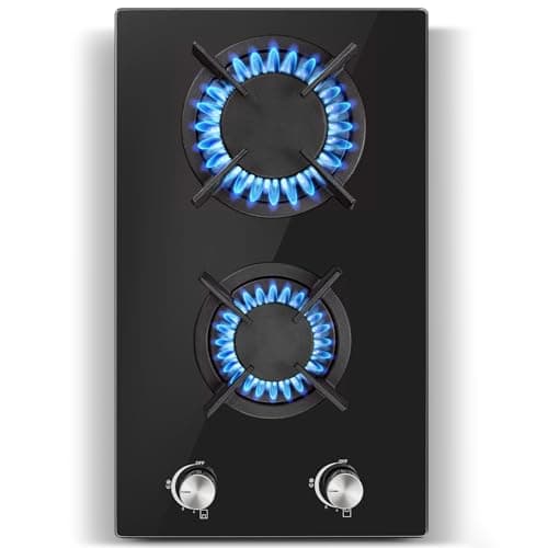 Image of SNDOAS 2 Burners Gas Hob, Black Glass Gas Hob Flame Failure Protection, NG/LPG Convertible, Cast Iron Pan Support, 30cm, 2400 W/1800 W
