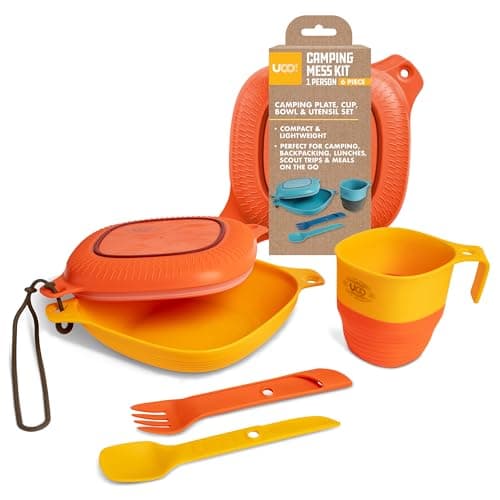 Image of UCO Unisex's Mess Kit with Bowl, Plate, Camp Cup, and Switch Spork Utensil Set 6-Piece, Retro Sunrise
