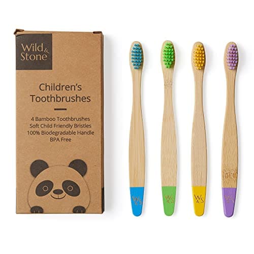 Image of Wild & Stone | Organic Children's Bamboo Toothbrush | 4 Pack | Soft Fibre Bristles | 100% Biodegradable Handle | BPA Free | Vegan Eco Friendly Kids Toothbrushes (Multicolour)
