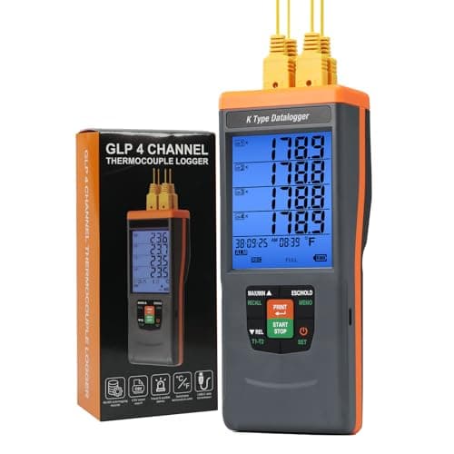 Image of Thermocouple Thermometer Temperature Data Logger, 4 Channels K Type Thermometer with 48,000 Groups Data Records, Temperature Logger with -200~1370°C Measuring Range, Buzzer & Visible Alarm, Date&Time