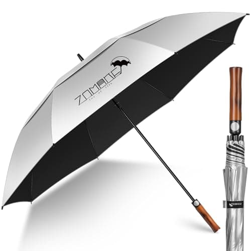 Image of ZOMAKE UV Golf Umbrella for Sun Protection,Large Sun Umbrella Windproof and Rainproof Strong UPF 50+,Reflective Golfing Brolly with Wooden Handle 62In Unbreakable for Men Women (Silver/Black)