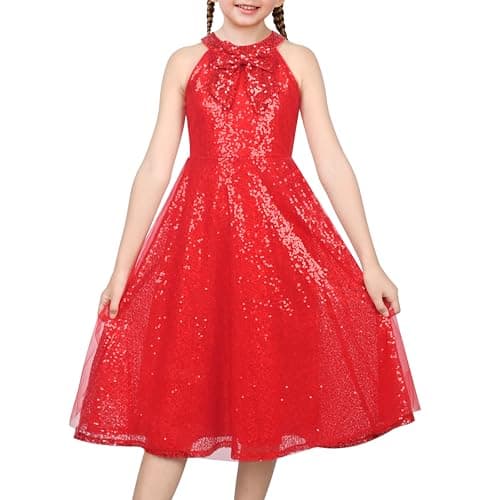 Image of Sunny Fashion Girls Dress Scarlet Red Sequin Halter Neck Bow Christmas Wedding Pageant Gown New Year Size 6 Years