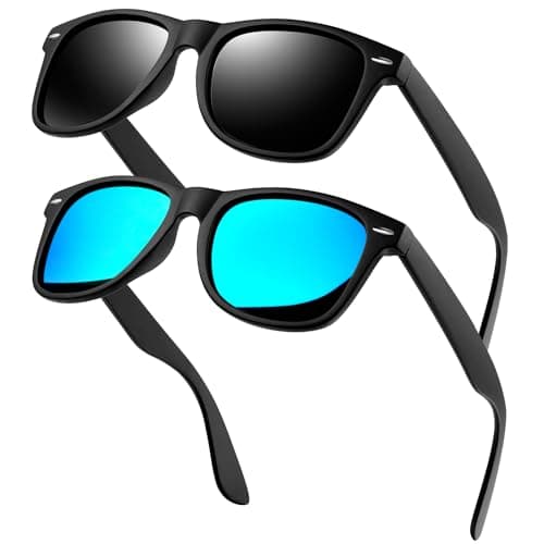 Image of KANASTAL 2 Pack Blue Polarised Sunglasses Mens Womens Mirror Vintage Classic UV400 Protection Sun Glasses Driving Fishing Running Sailing - Matte Black + Blue Mirrored