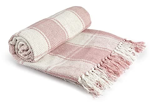 Image of Emma Barclay Frisco - Recycled Cotton Traditional Check Chair Sofa Setee Throw Over Blanket in Blush Pink - 50x60 (127x152cm)