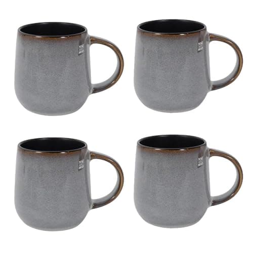 Image of Set of 4 Reactive Glaze Mugs - 13 Ounce 430ml Stoneware - Grey Pattern Black Interior - Tea Coffee Cups Latte Cappuccino Hot Chocolate Drinks - Home Kitchen Work Office Mug Set