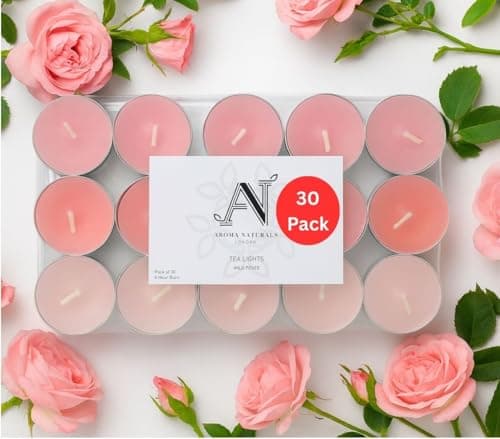 Image of Aroma Naturals London Scented Tealight Candles Bag | 4 Hour Burn Time | Standard Size D3.77 x H1.45cm | Three Tone Coloured Wax & Aluminium Cups | Pack of 30 Tea Lights Scent (Wild Roses)