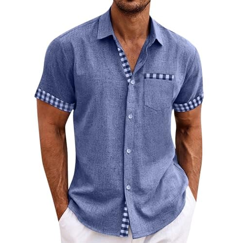 Image of Men's Short Sleeve Shirt Stretch Stain Shield Plain Shirts Regular Fit Business Blouse Casual Smart Button Down T-Shirt,Blue,XXL