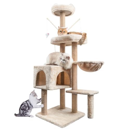 Image of Cat Tree, 145cm Stable Cat Scratching Post for Indoor Cats, Multi-Level Cat Climbing Tower with Posts Fully Wrapped in Natural Sisal Rope, Suitable for Kitty Kitten