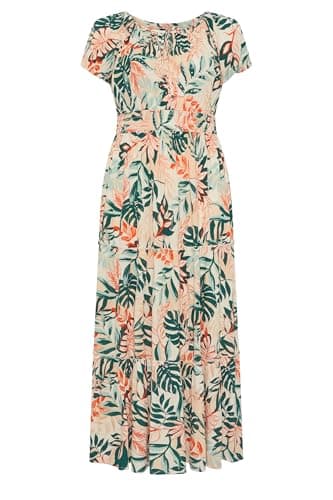 Image of Yours Curve Cream Leaf Tie Neck Bardot Maxi Dress - Women's - Plus Size Curve