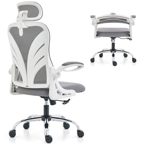 Image of HOLLUDLE Office Chair with Folding Backrest, Ergonomic Computer Chair with 2D Headrest, Folding Armrests and Mesh Lumbar Support Office Seat, White