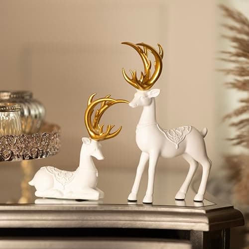 Image of Marco Paul Christmas Set of 2 Reindeer Ornaments – White Cement Stag Figurines with Gold Antlers – Standing & Sitting Decorative Deer Sculptures for Christmas Decorations
