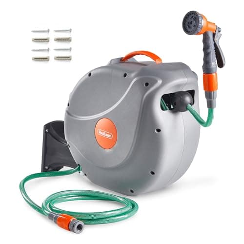 Image of VonHaus Hose Reel 30m – Wall Mounted Hose Reel for Garden, Retractable, Auto Lock and Auto Rewind, Includes Wall Fixings and 8 Function Spray Gun, 180° Pivot Swivelling, Long Reach, Outdoor Watering
