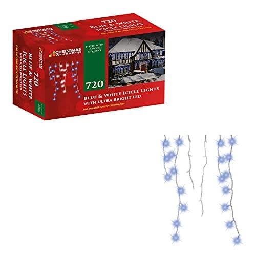 Image of Christmas Workshop 77550 720 Icicle LED Outdoor Christmas Lights / 17.1 Metres / Blue & White Colour / Indoor & Outdoor Fairy Lights / Weddings & Gardens / 8 Functions / Mains Powered