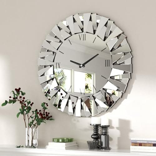 Image of Round Wall Mirrored with Clock : Decor Mirror Wall Clock 80 x 80cm Round Beveled Glass Edge Wall Mirror with Clock for Modern Home Interiors, Bedroom, Living Room