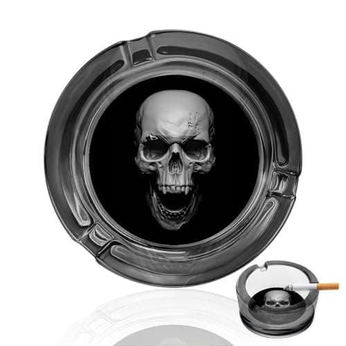 Image of Skull Cigarette Ashtrays Round Portable Cigar Ashtray Transparent Glass Smoking Ash Tray for Indoor Outdoor Home Office Patio Balcony Tabletop Decor