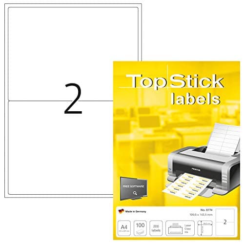 Image of TopStick A4 Self Adhesive Address Labels, 2 Labels Per Sheet, 100 Sheets, 200 Labels, 199.6 x 143.5 mm, Blank Printer Labels For Laser & Inkjet, Printable Sticky Paper Labels for Office & Home