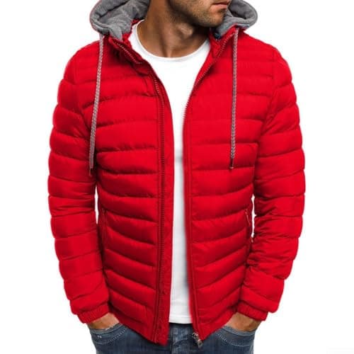 Image of Mens Warm Hooded Puffer Jacket Quilted Padded Coat for Zip Up, Casual Thick Insulated Bubble Down Build, Wind Resistant Layering, Long Sleeve Autumn Outerwear Use (M Red)