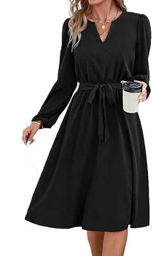 Image of Hanaoops Women's V-Neck Long Sleeve Midi Dress - Casual Elegant Black A-line with Fashion Bow Waist Tie for Spring Autumn Daily Holiday Evening Party