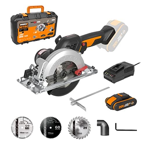 Image of Worx WX531 20V PowerShare Cordless 120mm Brushless Compact Circular Saw with 1x 2.0Ah Battery & Charger – 41mm Cutting Depth, 6100 RPM, One-Handed Operation