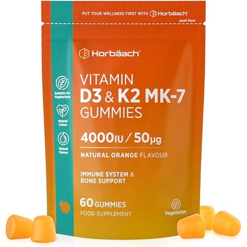 Image of Vitamin D3 K2 Gummies | 60 Count (2 Months Supply) | High Strength 4000iu Vitamin D3 and 50ug Vitamin K2 MK7 | Natural Orange Flavour | Vegetarian | By Horbaach