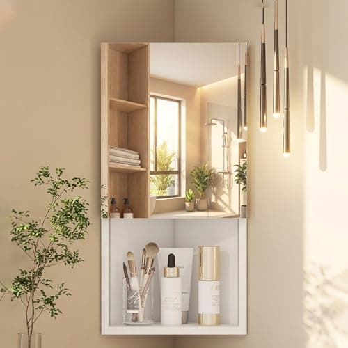 Image of 3 Shelves Corner Bathroom Mirror Cabinet,Wall Mounted Bathroom Cabinet with Mirror,Single Door Wooden Storage Cupboard, Bathroom Storage Unit with Adjustable Shelf,Open Compartment,White,30x24x60cm