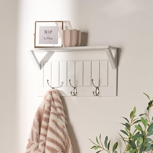 Image of OHS Coat Rack Wall Mounted, Coat Hooks with Shelf and 3 Hooks Wooden Floating Shelves Display Shelf Key Holder Clothes Rail for Entryway Bedroom Bathroom, White