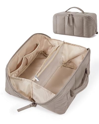 Image of BAGSMART Travel Makeup Bag, Flat Lay Make Up Case, Wide Opening Cosmetic Organiser with Clear Brushes Pocket & Wet Pocket, Small Toiletry Bag, Travel Accessories for Women, Camel