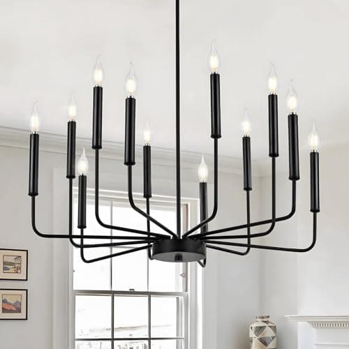 Image of Modern Black Chandeliers, 12-Light Industrial Metal Chandelier Lighting, Classic Candle Hanging Pendant For Kitchen Island, Dining Room, Living Room, Entryway, Stair E14 (Bulbs Not Included)