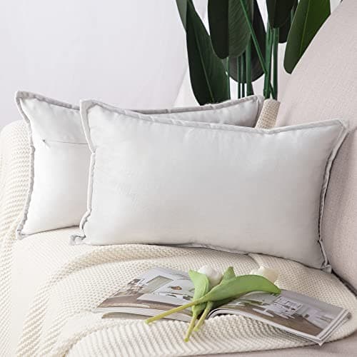 Image of Madizz Pack of 2 Super Soft Velvet Decorative Cushion Covers with Fringe Luxury Style Cushion Case Pillow Shell for Sofa Bedroom Greyish White 12x20 inch, 30x50 cm Rectangular