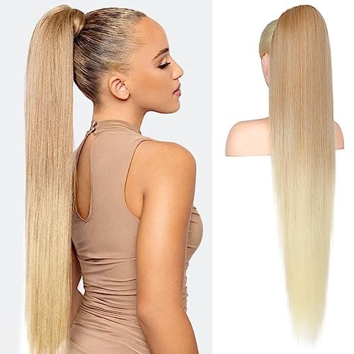 Image of FLUFYMOOZ ponytail extension, 36 Inch Long Straight Drawstring Ponytail Synthetic Hairpieces Fake Pony Tails Natural Soft Clip in Hair Extension ponytail for Women (Dark Blonde to Light Blonde)