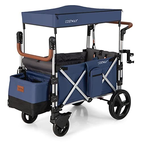 Image of COSTWAY Push Pull Stroller Wagon for 2 Kids, Collapsible Trolley with Adjustable Handle Bar, Removable Canopy, 5-Point Harness and Drapes, Outdoor Camping Cargo Cart (Navy)