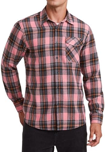 Image of HISDERN Mens Flannel Shirt Pink Checked Shirt Casual Plaid Long Sleeve Shirt Cotton Lumberjack Shirts for Men M
