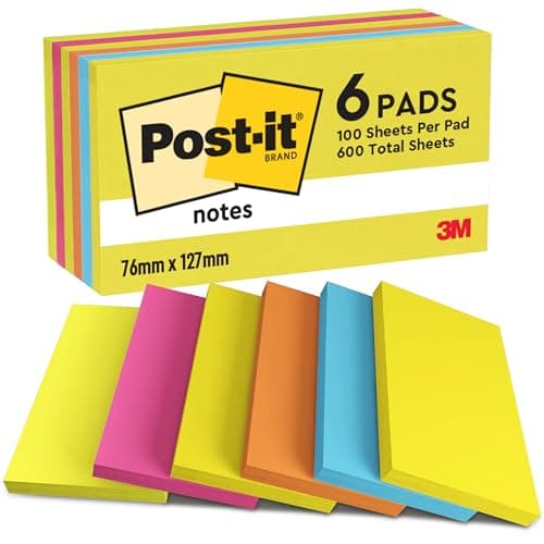 Image of Post-it Notes Energetic Color Collection, Pack of 6 Pads, 100 Sheets per Pad, 76 mm x 127 mm, Yellow, Blue, Orange, Pink, Green Colors - Self-Stick Notes for Note Taking, to Do Lists & Reminders