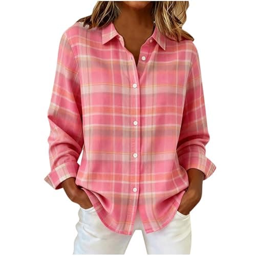 Image of Womens Checked Shirt Long Sleeve Button Down Blouse Loose Casual Tops Classic Check Design Soft Comfortable Daily Wear Ladies Plaid Shirts Spring Summer Outfits