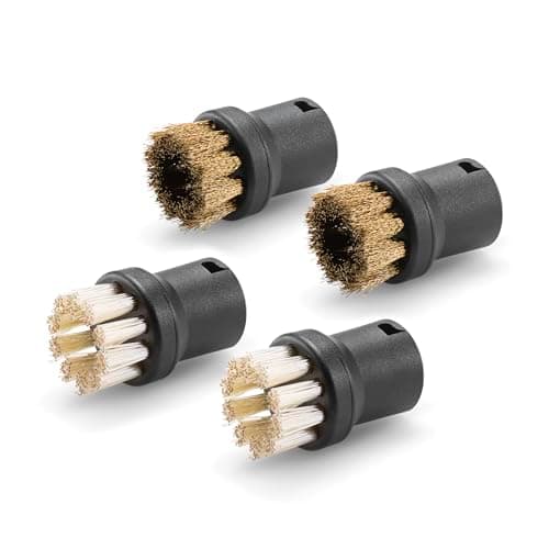 Image of Kärcher power brush set with 4 round brush attachments for tackling stubborn dirt around the house, including 2 brass brushes and 2 power brushes. Original accessory for Kärcher steam cleaners.