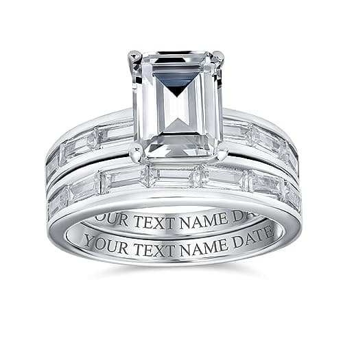 Image of Personalize Traditional Art Deco Style 2CT Emerald Cut Baguette Wedding Band AAA CZ Anniversary Engagement Ring Set For Women .925 Sterling Silver Custom Engraved